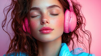 Fototapeta premium Peaceful Young Woman with Pink Headphones Enjoying Music