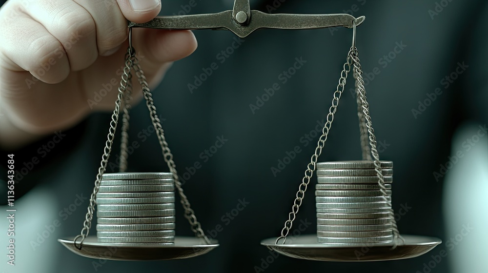 Poster balance of wealth in a business context with a hand examining financial decisions using coins on a w