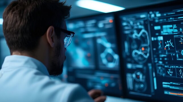 Scientist Examining Chemical Compounds in Lab with Digital Screens Showcasing Energy Storage and