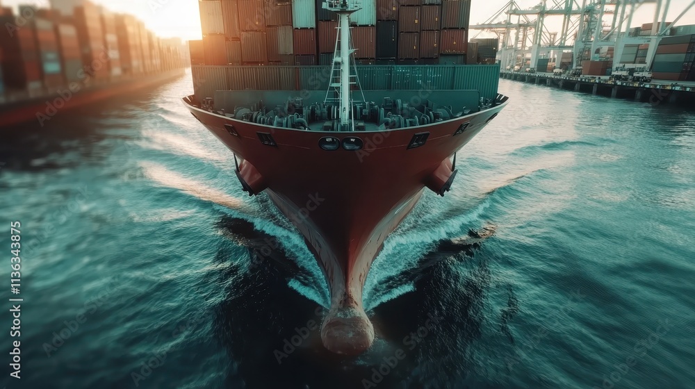 Poster the front of a container ship glides through a canal, flanked by container stacks, illustrating prec