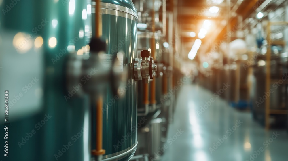Poster an industrial corridor featuring rows of meticulously aligned machinery, warmly lit to create a capt