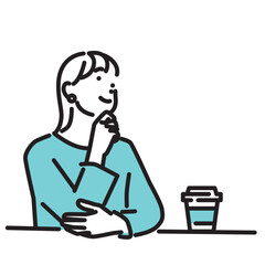 シンプル　イラスト　カフェで休憩する笑顔の女性