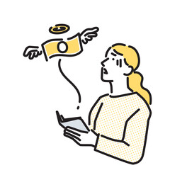 シンプル　イラスト　お金が飛んでいって悲しむ女性