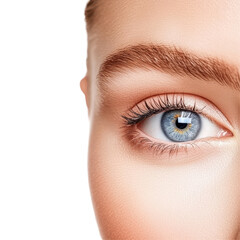 Fototapeta premium A close-up of a blue eye with intricate details, surrounded by soft skin and well-groomed eyebrows, isolated on a clean white background.