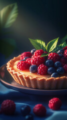 Delicate fruit tart with fresh raspberries, blueberries, and mint leaves