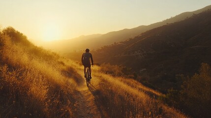 Fototapeta premium Cyclist riding mountain bike trail at sunset, scenic view.