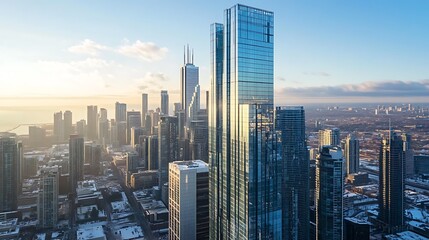 Downtown skyline dominated by a glass high-rise showcasing state-of-the-art architectural techniques. 