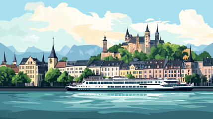 Obraz premium Illustration, Cityscape of Koblenz at the Moselle and Rine, Germany, touristic advertisement poster. Must-see touristic spot ,Mockup for touristic poster, advertisement. Beautiful travel destination, 