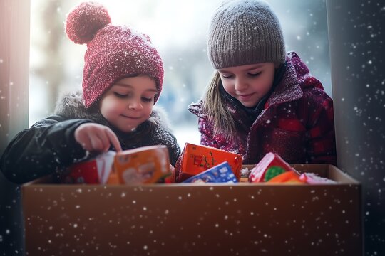Crian&ccedil;as coletando presentes no inverno para alegria e generosidade no feriado

