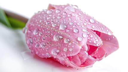 Fototapeta premium Single pink tulip with dewdrops on its petals, isolated on white.