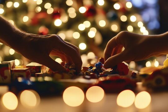 M&atilde;os criando artesanato em meio a luzes decorativas de Natal e atmosfera festiva