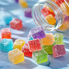jelly candy pouring out of a glass jar