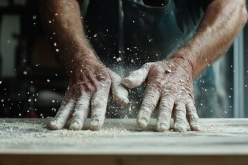 Fototapeta premium Flour-covered hands knead dough with determination, capturing the age-old art of baking amidst floury clouds.