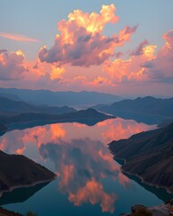 Fototapeta premium a mountain landscape with mountains and clouds reflected in a lake