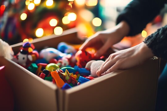 M&atilde;os organizando brinquedos coloridos em uma caixa durante a temporada de f&eacute;rias