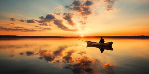 Serene Solo Fisherman in a Small Boat at Sunset Over Calm Water