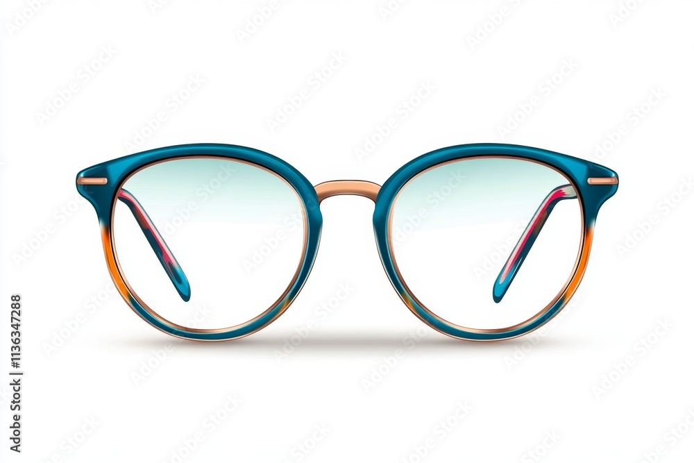 Poster A flat design of a pair of round eyeglasses with colorful accents, highlighting a retro style on a clean white background