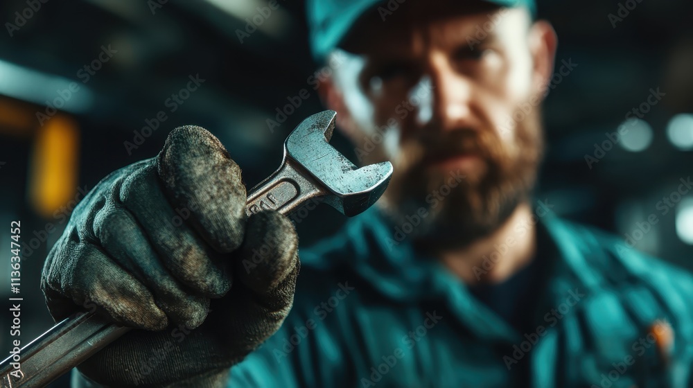 Poster a focused mechanic in work attire holds a wrench with a determined expression, epitomizing dedicatio