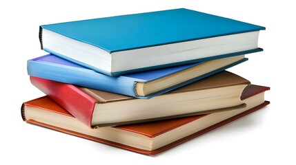 Stack of hardcover books arranged neatly, isolated on a bright white background.