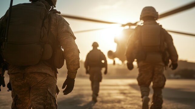 Silhouetted soldiers in military gear walking towards a helicopter in the dawn light, symbolizing duty, camaraderie, and the commitment of military life. - Powered by Adobe