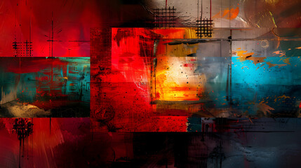 Vibrant Abstract Cityscape with Bold Red, Blue, and Gold Layers