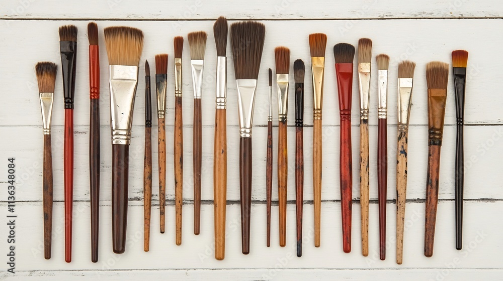 Poster assorted paintbrushes with varied bristle sizes lying on a wooden table surface with scattered