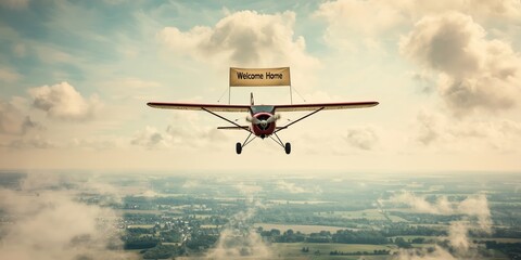 Airplane flying with banner saying Welcome Home over landscape