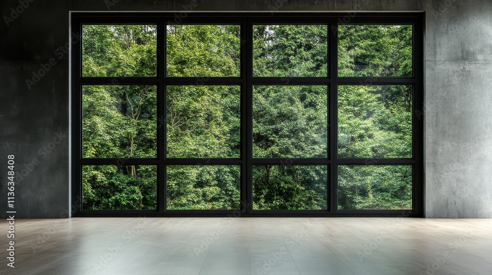 Poster a minimalist interior features a massive grid window overlooking a lush, green forest, creating a se