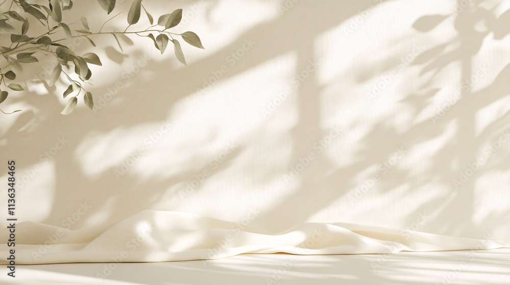 Poster Empty beige product display background with leaves shadows and fabric