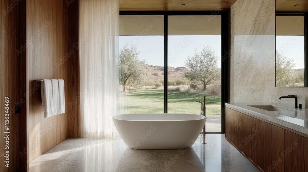 Poster a sleek bathroom design showcases a large window with a breathtaking view of the desert landscape, e