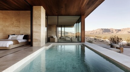 A luxury villa features a sleek pool area with breathtaking views of the desert mountains, creating an oasis of relaxation and elegance in a stunning natural setting.