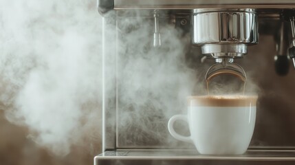 A stainless silver espresso machine expertly crafting a steaming cappuccino, with frothy milk mixing beautifully with espresso, creating a warm, inviting scene.