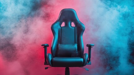 A sleek black gaming chair is centered against a vibrant smoky background blending blue and red hues, creating a dynamic and modern look perfect for gaming setups.