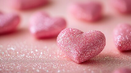 Fototapeta premium Valentine's day love celebration with glittery pink hearts on a pastel table romantic atmosphere