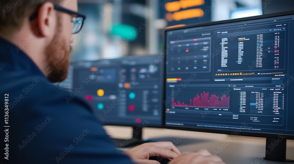 Poster manager analyzing financial data and profit metrics on software dashboard