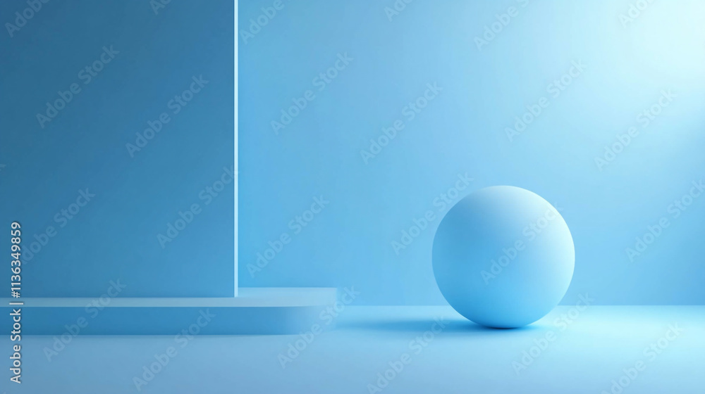 Poster abstract blue composition featuring a sphere and geometric shapes in a minimalistic setting