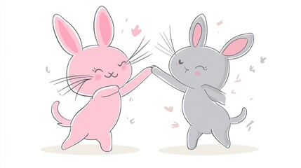 Obraz premium Dancing Duo Delight: A Gray Rabbit and Pink Cat's Playful Rhythm