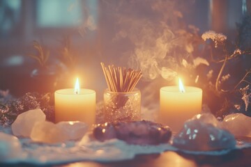 Warm candlelight flickers amidst smoke and crystals, creating a serene, spiritual ambiance in a cozy, tranquil setting.