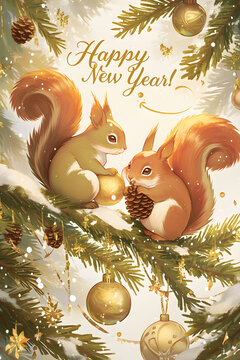 Squirrels on fir branches with Christmas decoration in cute cartoon style. Festive greeting card with text "Happy New Year". Vintage postcard for Christmas, New Year, winter holidays. 