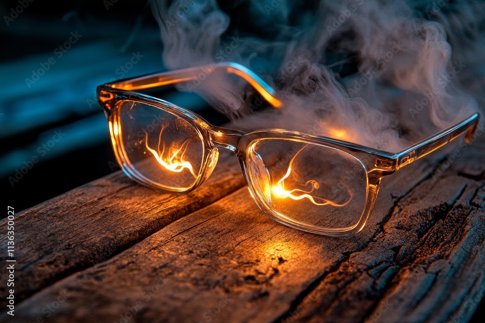 Poster a haunting scene of eyeglasses lying abandoned in a shadowy library, with cobwebs and a mysterious g