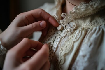 Hands gently button a delicate, vintage lace blouse, expressing care, attention, and timeless elegance in dressing.