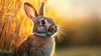 Rabbit in Golden Grass at Sunset