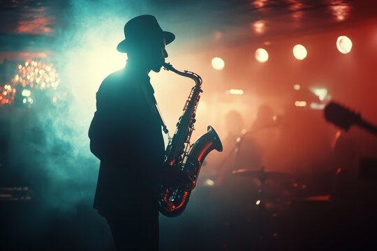 Jazz musician silhouetted against a smoky, colorful backdrop, playing a saxophone and creating an air of mystery and allure.