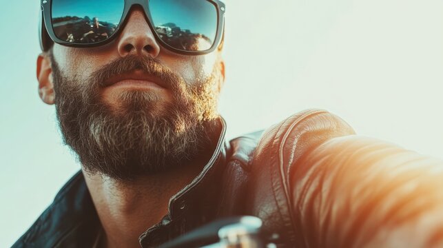 A bearded man wearing reflective sunglasses and a leather jacket embodies the classic biker look, exuding confidence and a sense of mystery in sunlight.