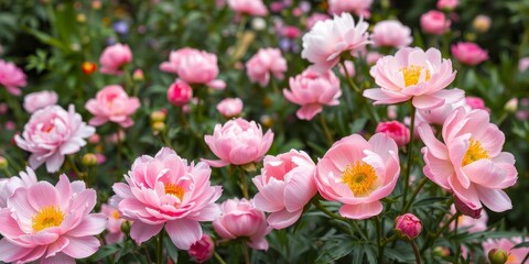 Pink peony flowers blooming in a lush garden backdrop, pink, botanical