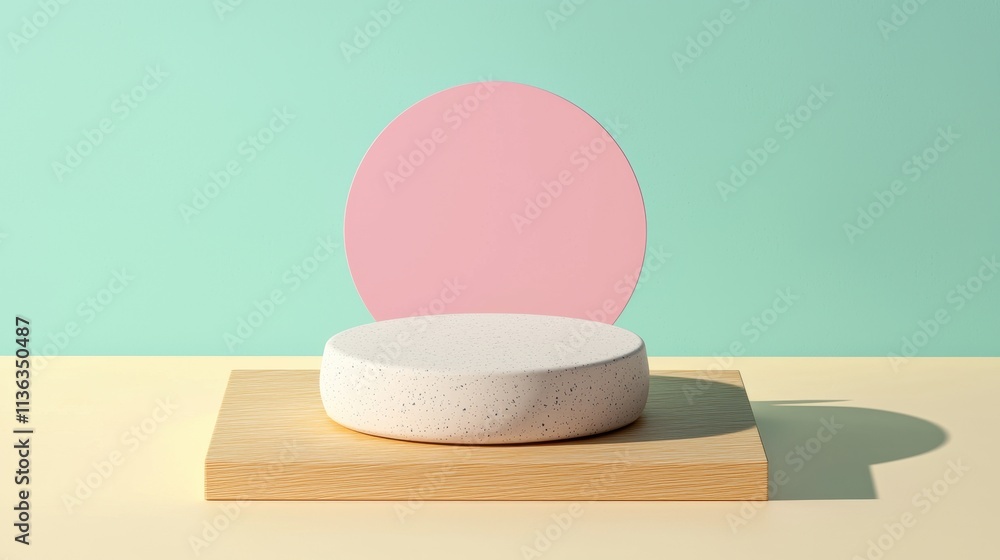 Poster minimalistic display of round stone on wooden surface with circular background
