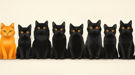 Fototapeta premium Orange cat stands out from a row of black cats.