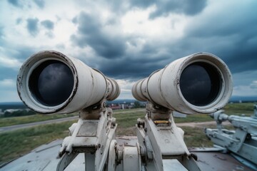 Twin binoculars on a hillside stand ready under dramatic skies, suggesting adventure and discovery beyond.