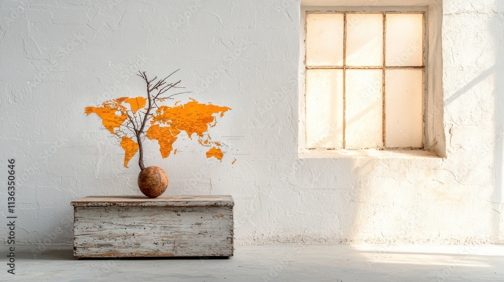 Poster world map displayed on weathered table with soft light