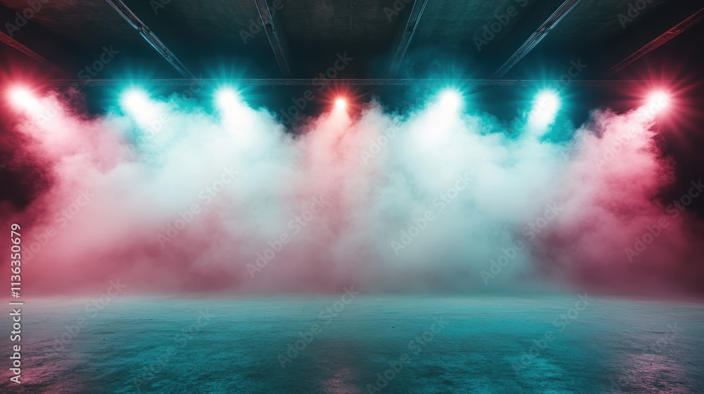 Poster a dazzling array of colorful stage lights illuminate vibrant clouds of smoke on a stage, creating a 